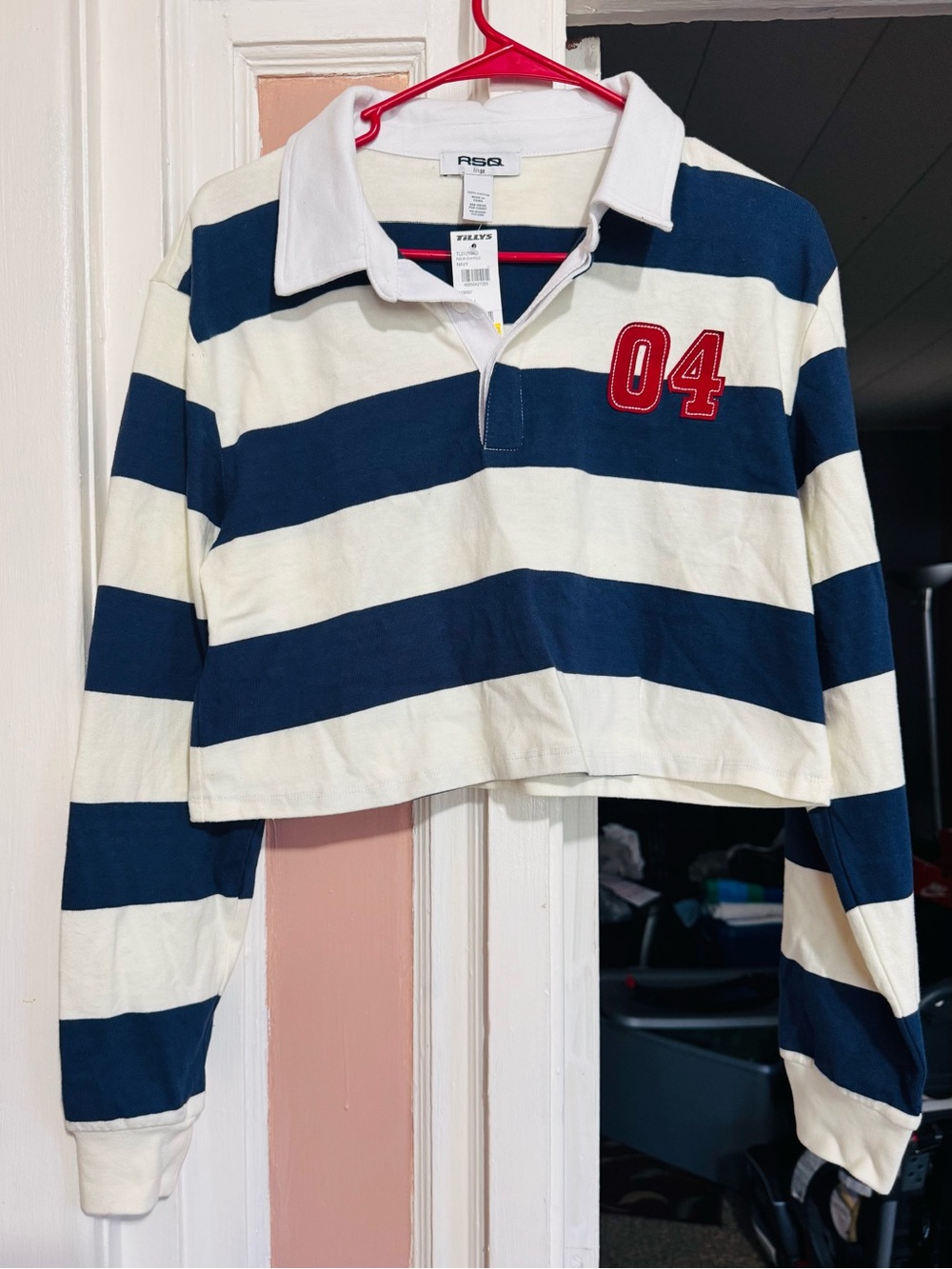 RSQ Navy & White Striped Rugby Crop Top with Red 04 Patch